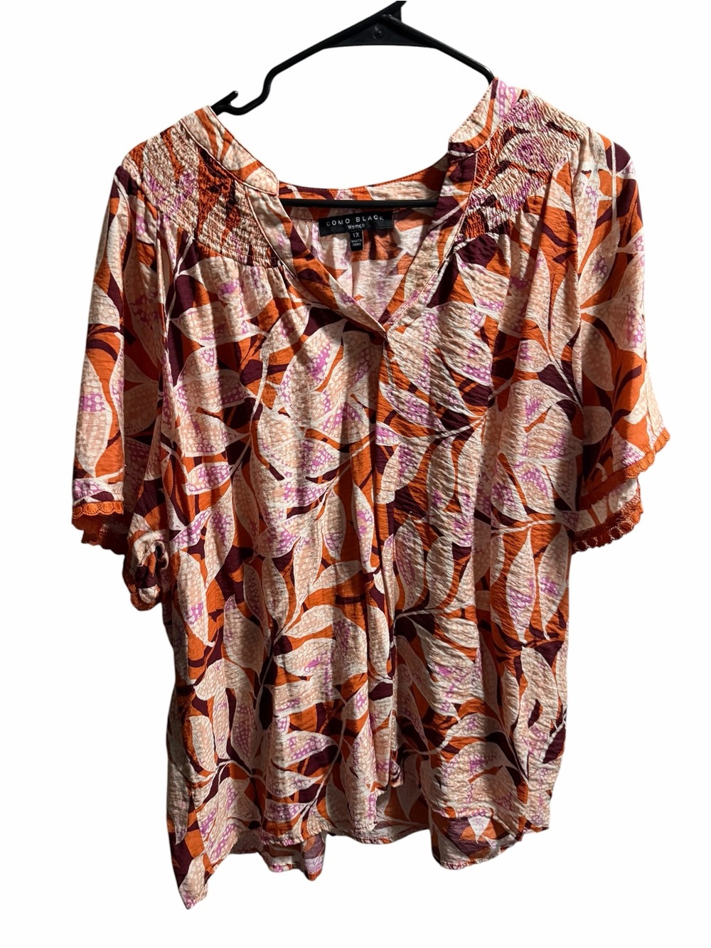 Como Black Leaf Print Short Sleeve Top size 1X EUC